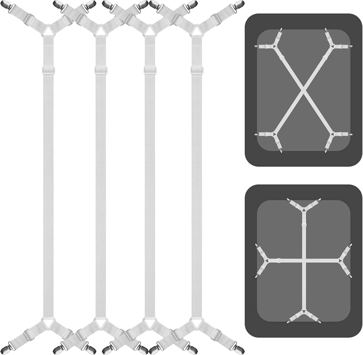 ACEDÉCOR Bed Sheet Suspenders, 4 Pcs(2 Sets) Adjustable Bed Sheet Holder Straps Fitted Sheet Clips Keeping Sheets in Place, White