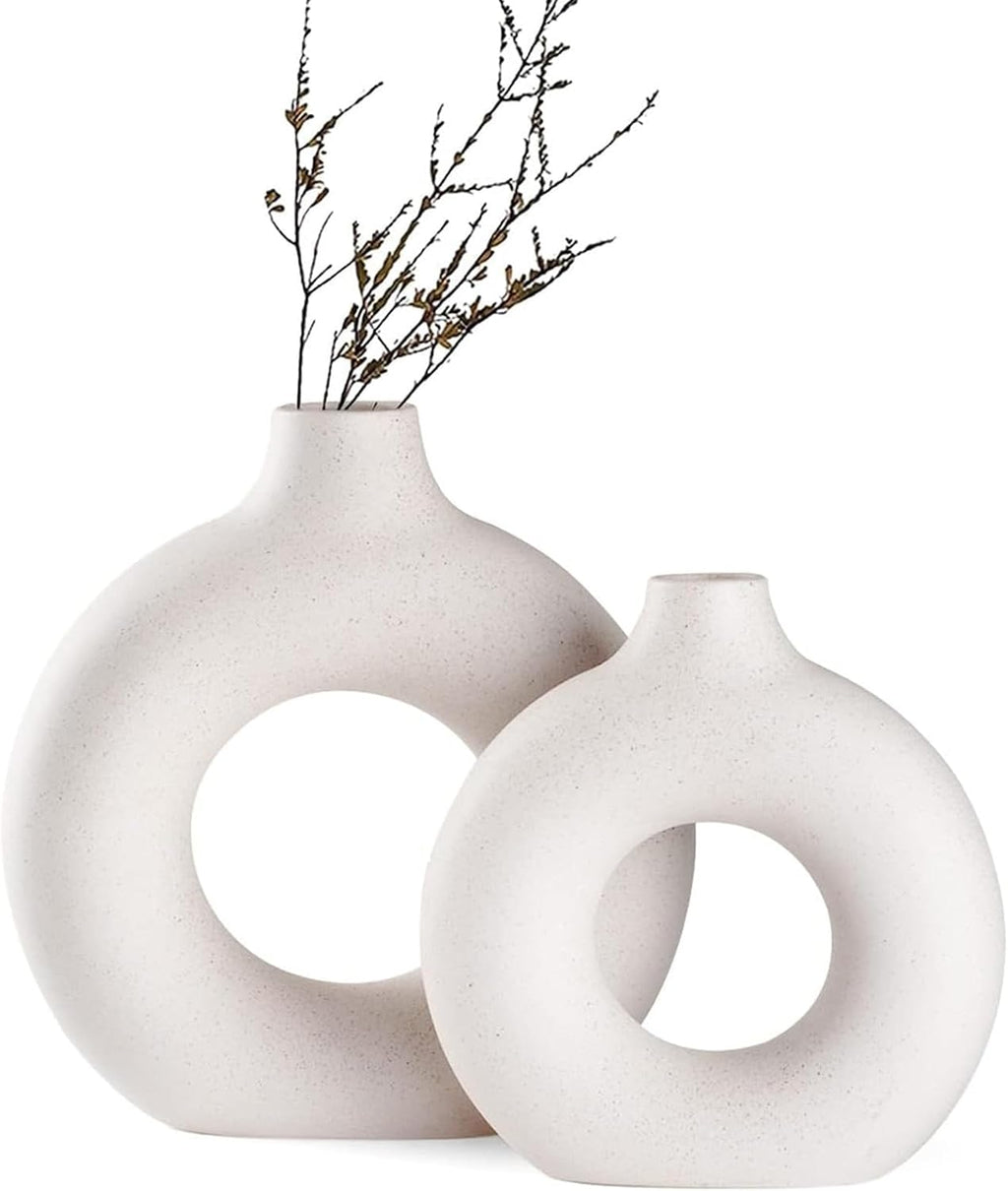 White Ceramic Donut Vase Set of 2, Big Hollow Round Matte Pampas Flower Vases for Boho Home Wedding Party Room Dinner Table Shelf Decor.