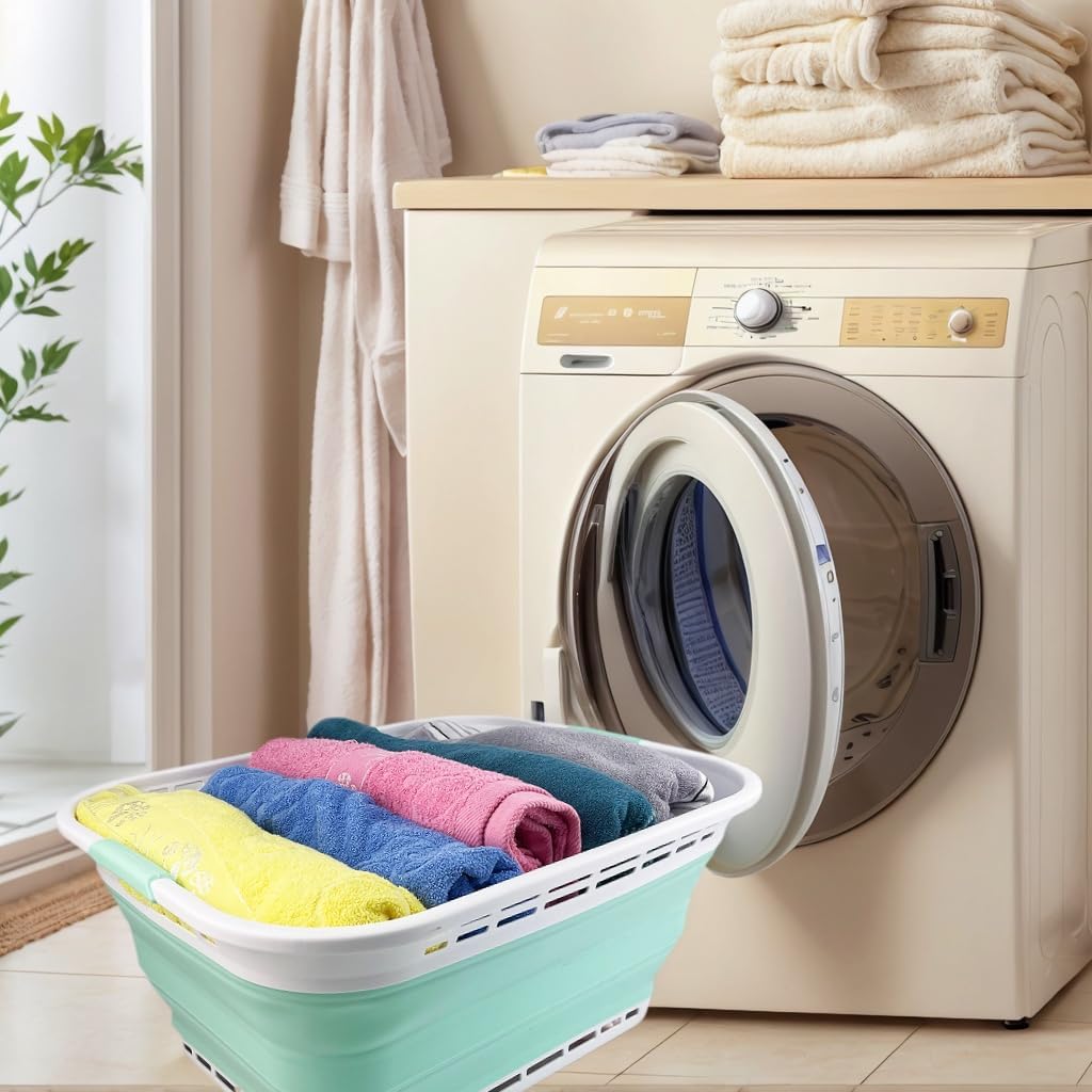 SAMMART 42L (11 gallons) Collapsible Plastic Laundry Hamper/Basket - Foldable Storage Container/Organizer - Portable Laundry Basket - Easy Storage Space Saving (White/Pale Jade)