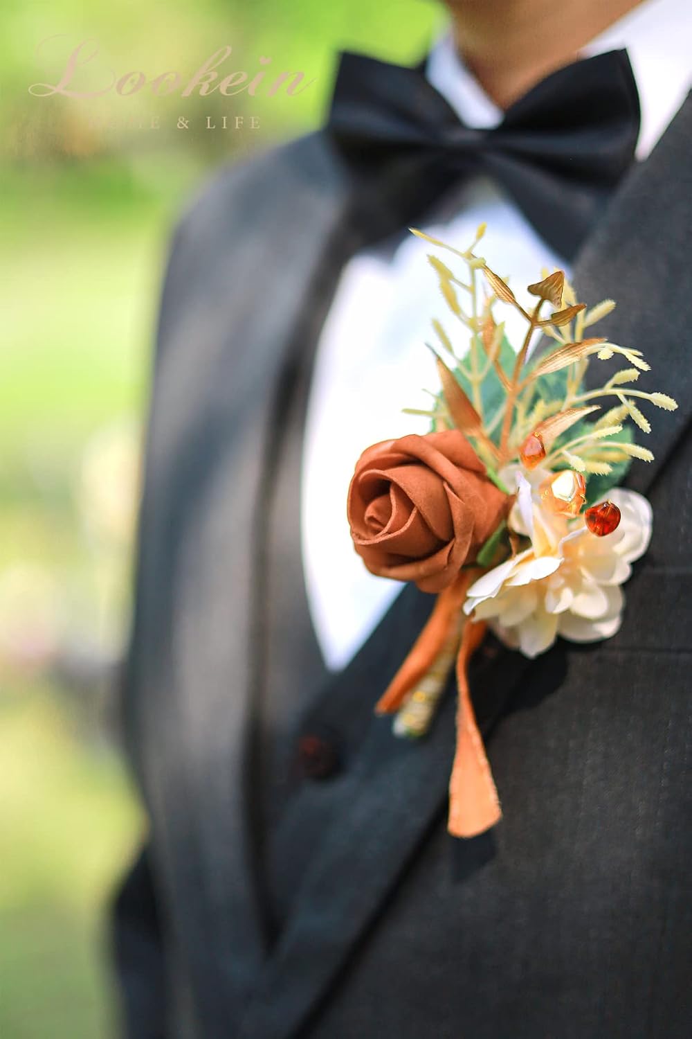 Lookein Set of 2 Terracotta Wedding Boutonniere for Men Artificial Flowers Wedding Groom Groomsmen Boutonniere for Wedding Ceremony Anniversary Formal Dinner Party
