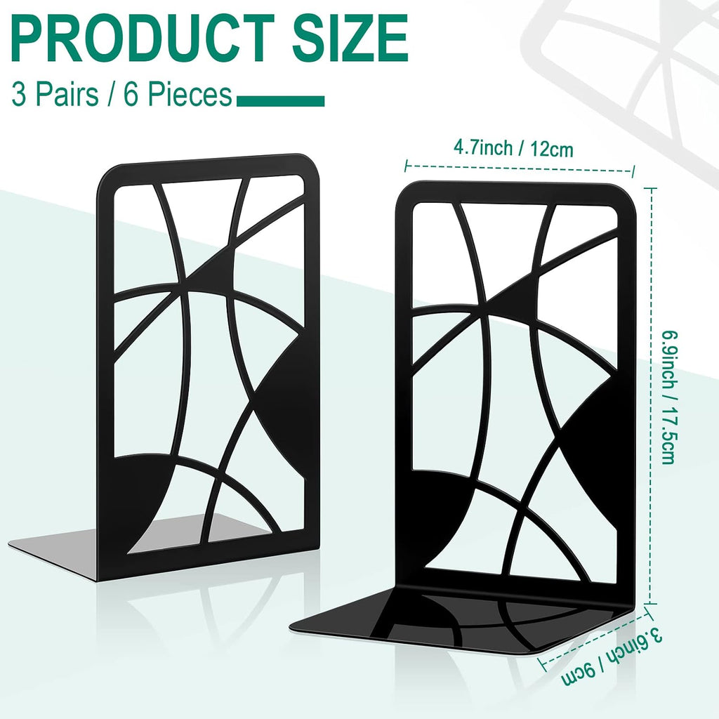 Zonon 6 Pcs Heavy Duty Bookends Decorative Black Metal Bookends for Shelves Book Divider Geometrical Holder Art Design Book Stopper for Home Office School