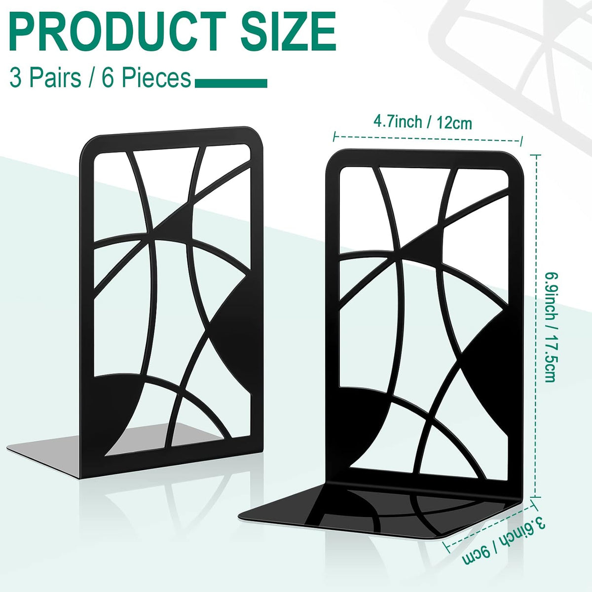 Zonon 6 Pcs Heavy Duty Bookends Decorative Black Metal Bookends for Shelves Book Divider Geometrical Holder Art Design Book Stopper for Home Office School