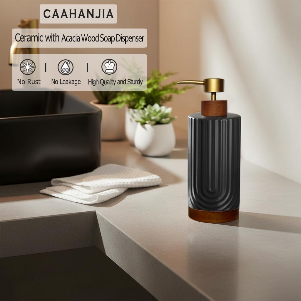 Black Soap Dispenser,Ceramic with Wood Hand Soap Dispenser, 16oz Refillable Liquid Bottle, for Modern Home Decor, Bathroom, Kitchen Countertop, Hotel (Black)