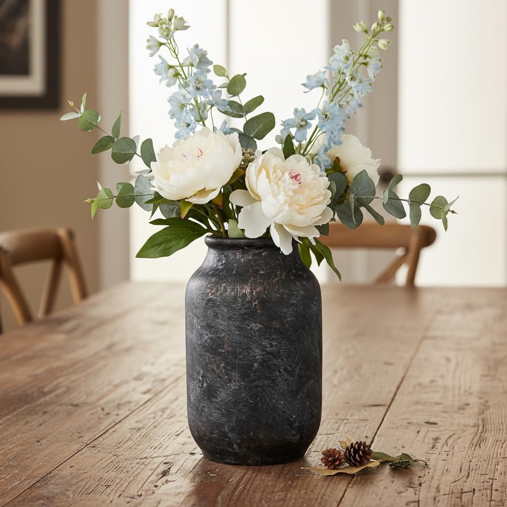 Rustic Ceramic Vase, Terracotta Pottery Decorative Vase, Farmhouse Decor for Living Room, Home, Fireplace, Shelf Decor, 9 Inch, Bronze
