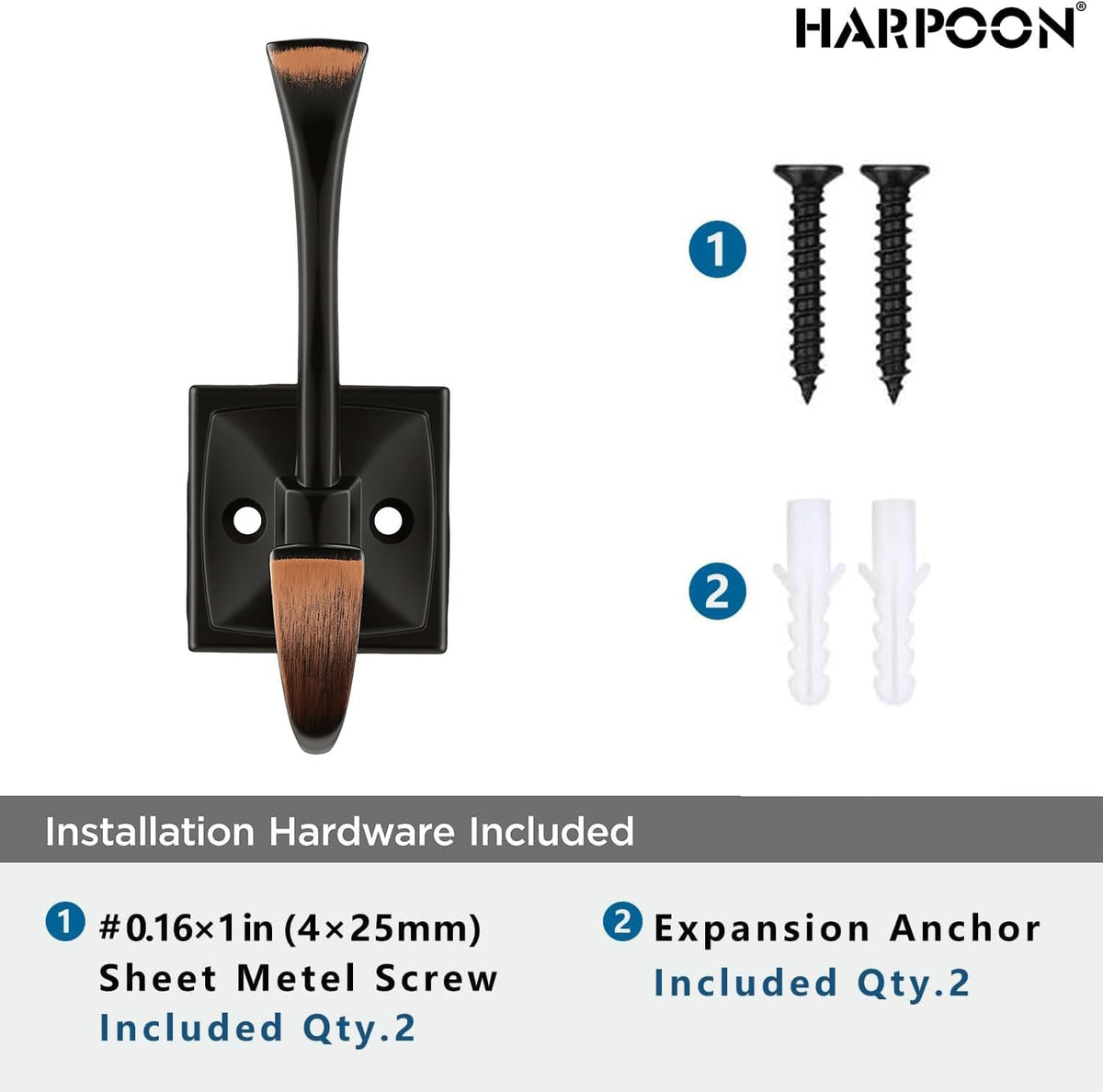 HARPOON 5 Pack 4.3" Double Prong Wall Hooks Oil-Rubbed Bronze Coat Hooks