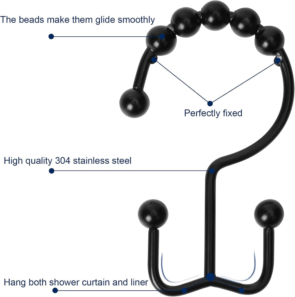 Gidse Shower Curtain Hooks,Sturdy Stainless Steel Double Sided Shower Hooks Rings for Bathroom Shower Curtain Rods Curtains Set of 12 Hooks - Matte Black