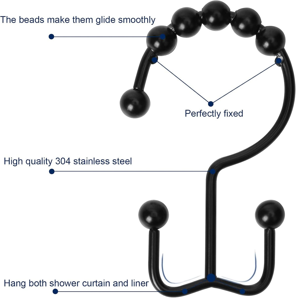 Gidse Shower Curtain Hooks,Sturdy Stainless Steel Double Sided Shower Hooks Rings for Bathroom Shower Curtain Rods Curtains Set of 12 Hooks - Matte Black