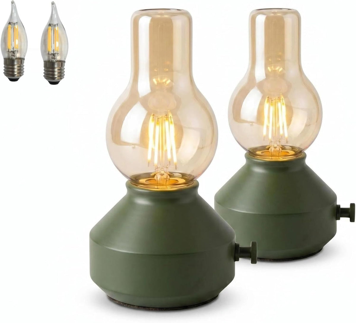 Vintage Rechargeable Cordless Table Lamp,Rotary Dimmable,Matte Green,2-Pack