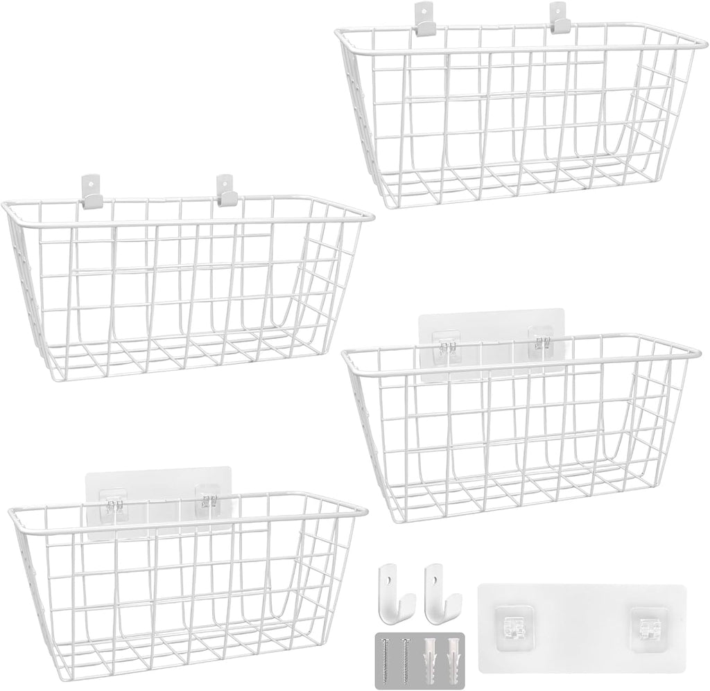 Wire Hanging Wall Basket, 4 White Metal Baskets, Adhesive Cabinet Organizer