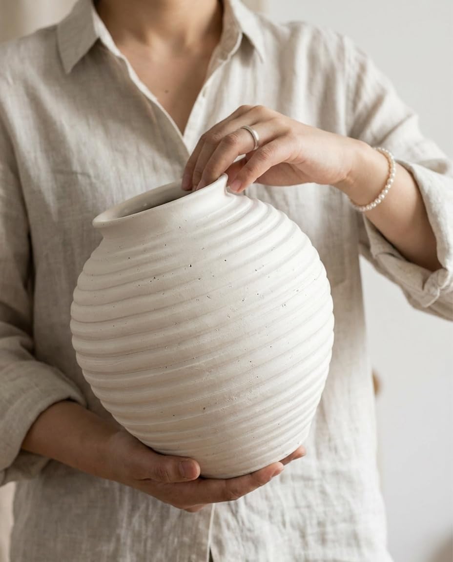 Handmade Ceramic Vase 8” – Planet-Inspired Round Ivory White Vase with Saturn Ring Texture, Natural Speckled Finish, Organic Modern Rustic Centerpiece for Home Decor