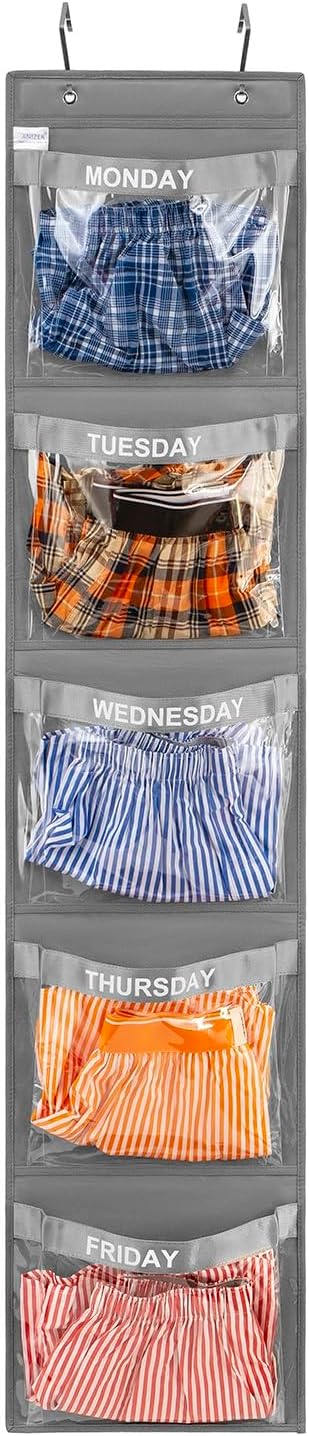 Day of Week Kids Clothes Organizer Weekly Hanging Closet Organizer Monday to Friday School Clothing Storage (GREY)