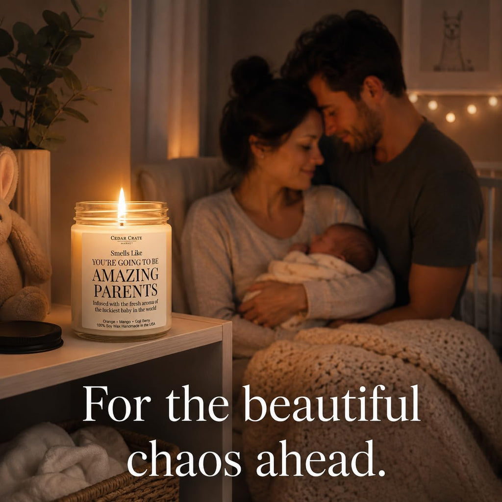 Cedar Crate Market New Parents Gifts for Couples, Baby Shower Pregnancy Gift, Gender Reveal Candle, New Mom First Time Mom Dad, Orange, Mango, Goji Berry 9oz Soy Wax, Made in USA, 45+ Hour Burn