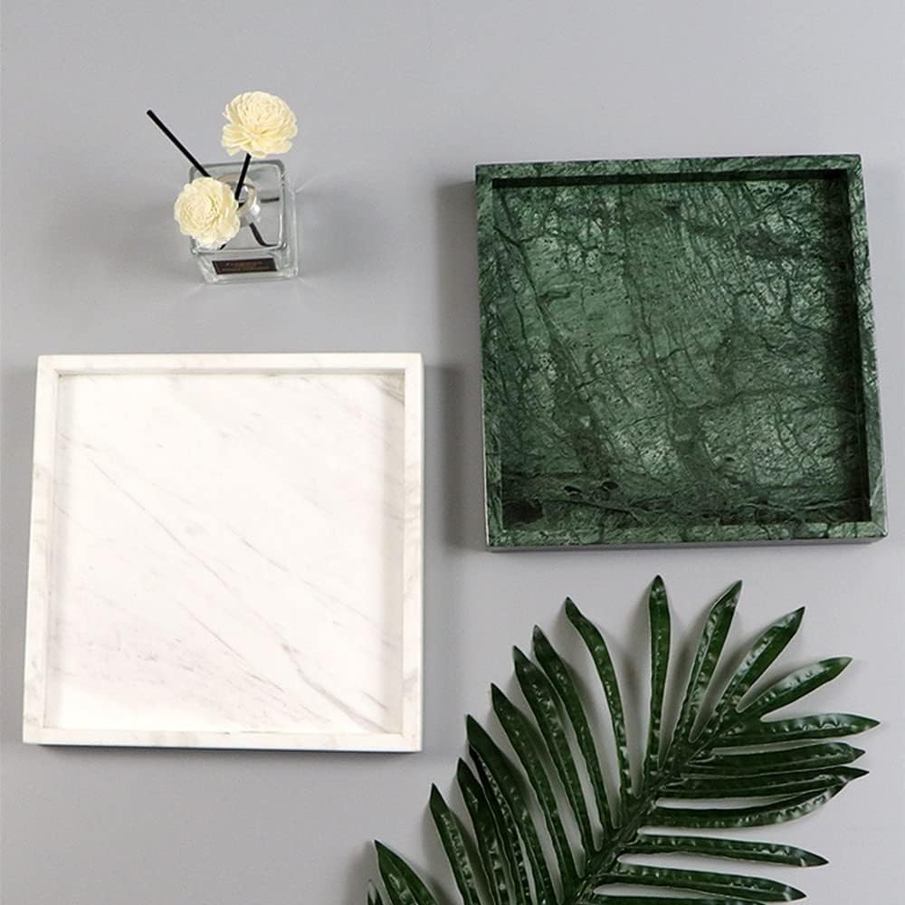 Natural Marble Square Neat Makeups Organizer/Bathroom Vanity Tray for Razor Towel Toothpaste (9.84x9.84x1.18in, Green)