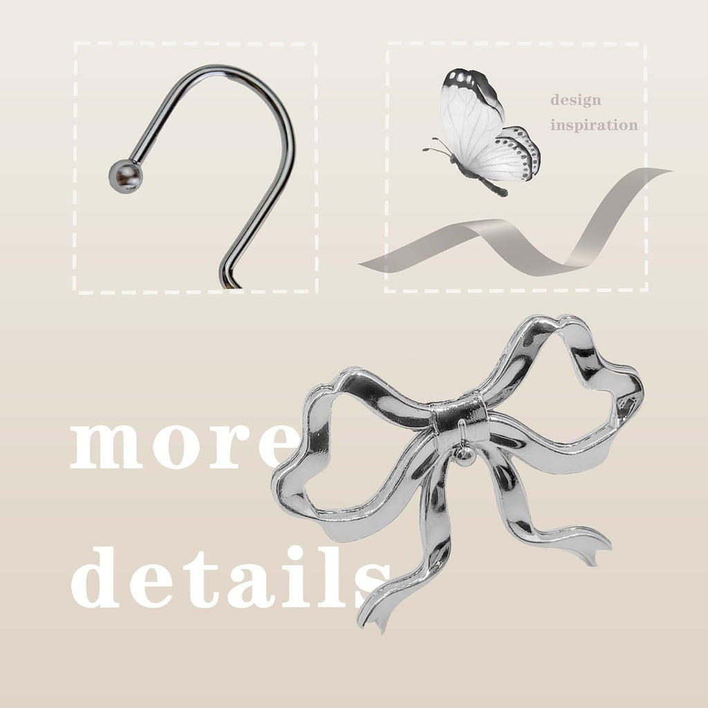 Silver Bow Shower Curtain Hooks, 12 Pack Coquette Bathroom Decor, Decorative Metal Rust Proof Shower Curtain Rings for Modern Feminine & Elegant Bathroom Aesthetic