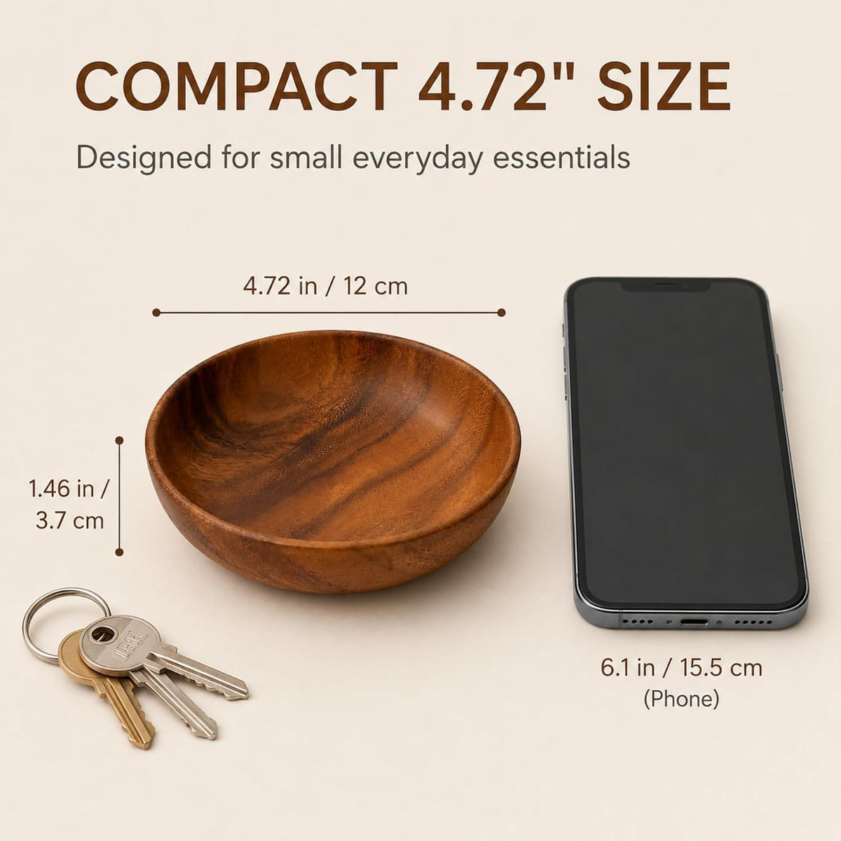 Small Acacia Wood Decorative Bowl, Entryway Key Tray Countertop Organizer