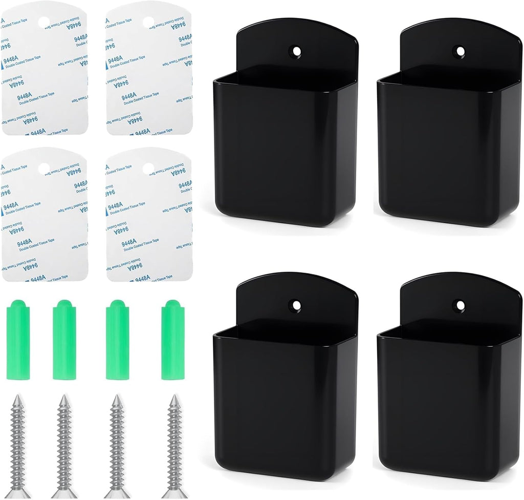 4Pcs Remote Holder Wall Mount, Black Remote Control Holder for AC TV, Wall Mount Box Organizer with Self Adhesive and Screws for Home Office Storage