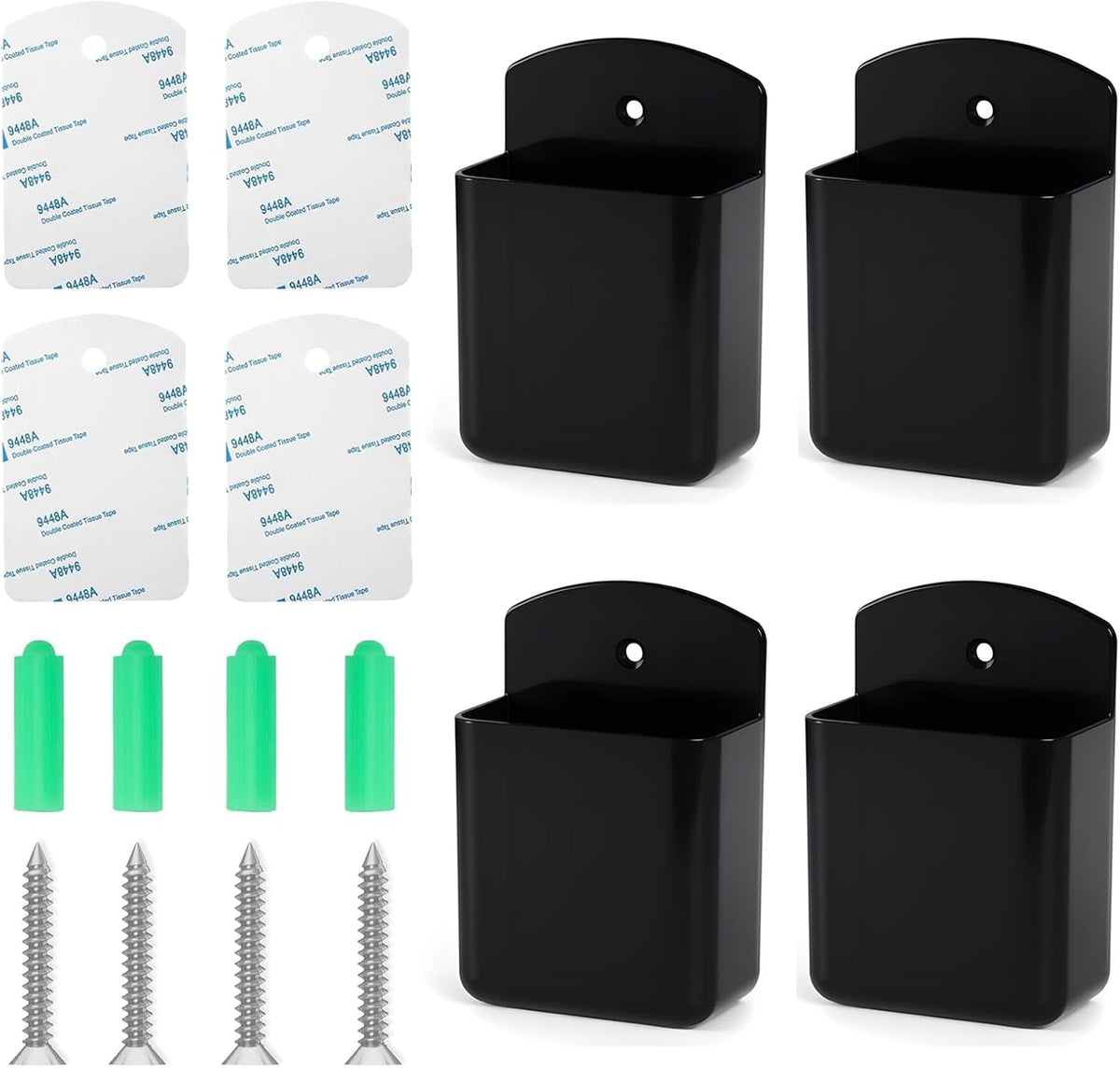 4Pcs Remote Holder Wall Mount, Black Remote Control Holder for AC TV, Wall Mount Box Organizer with Self Adhesive and Screws for Home Office Storage