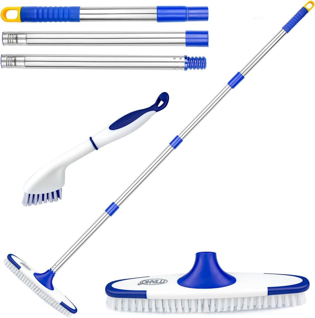 Floor Scrub Brush with Long Handle - 53" Deck & Grout Cleaner Brush Set for Tile, Marble, Stone, Bathroom, Patio, Garage, Deck & Floor Cleaning