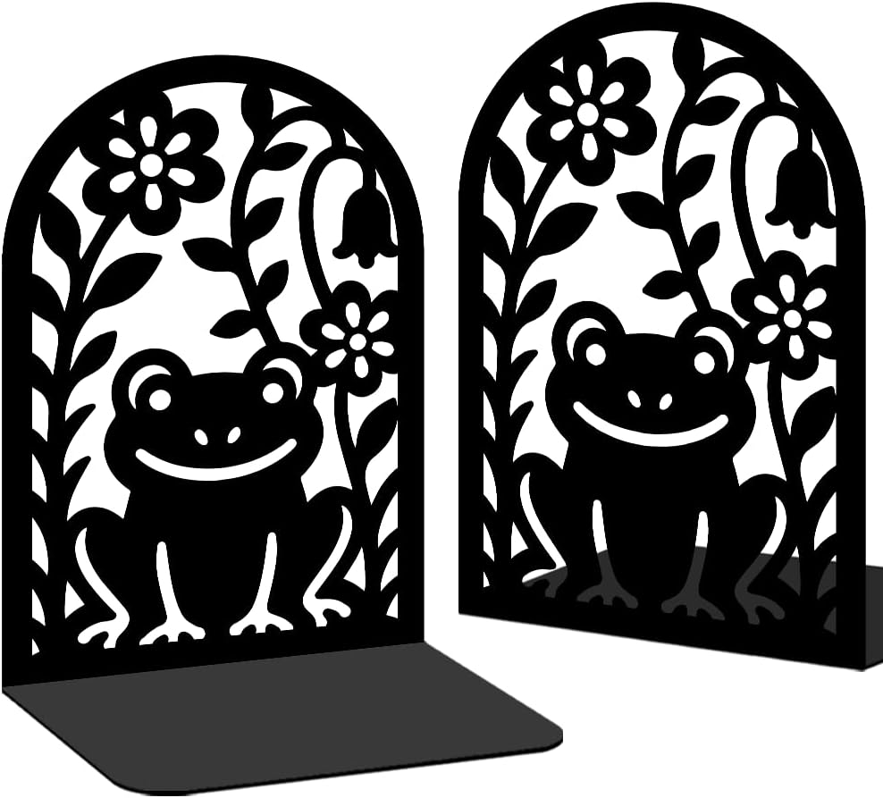 1 Pairs Cute Frog Metal Bookends, Heavy Duty Black Book Support, Modern Creative Books Organiser Stopper for Shelves Bookshelf Office Home Decor, Bookworms & Animal Lovers Gift