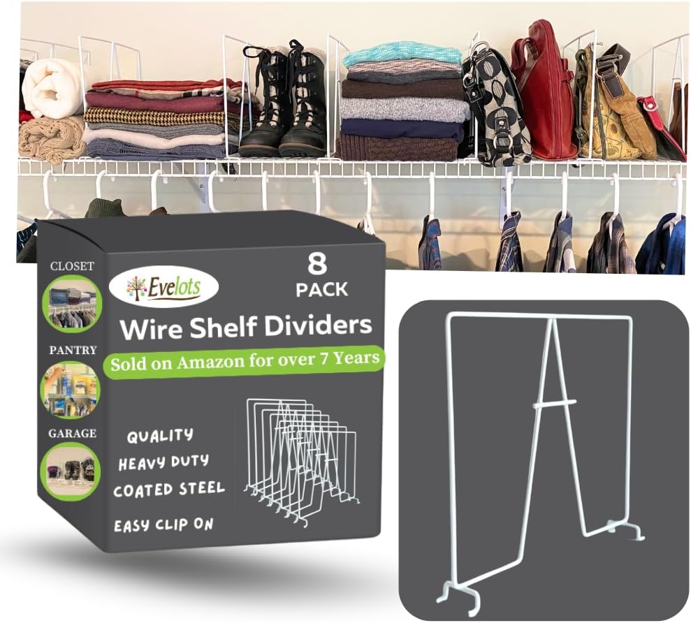 Evelots 8-Pack Wire Shelf Dividers, Clip-On Closet Organizers, Tall Steel