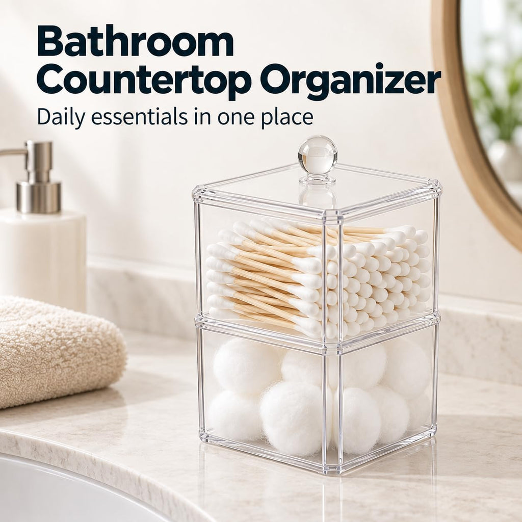 Bathroom Canister, Clear Plastic Lid, Double Layer, Stackable