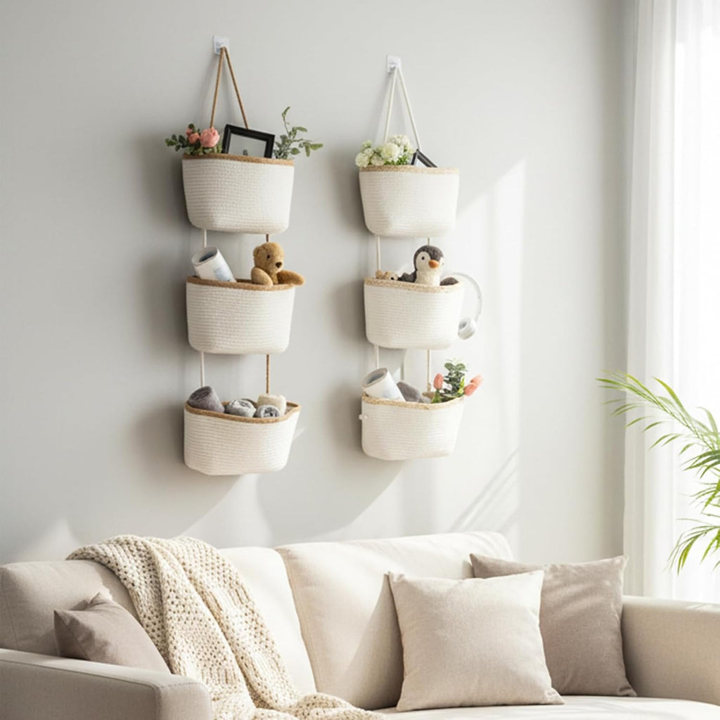 TeoKJ Over the Door Hanging Storage Basket Wall Organizer White&Light Brown