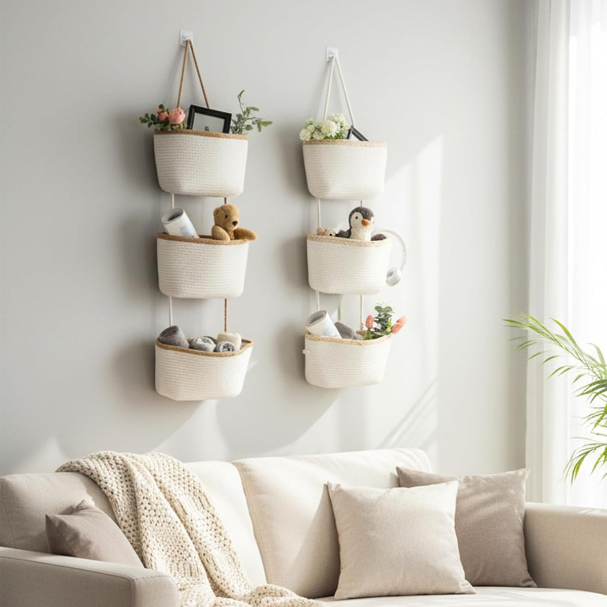 TeoKJ Over the Door Hanging Storage Basket Wall Organizer White&Light Brown
