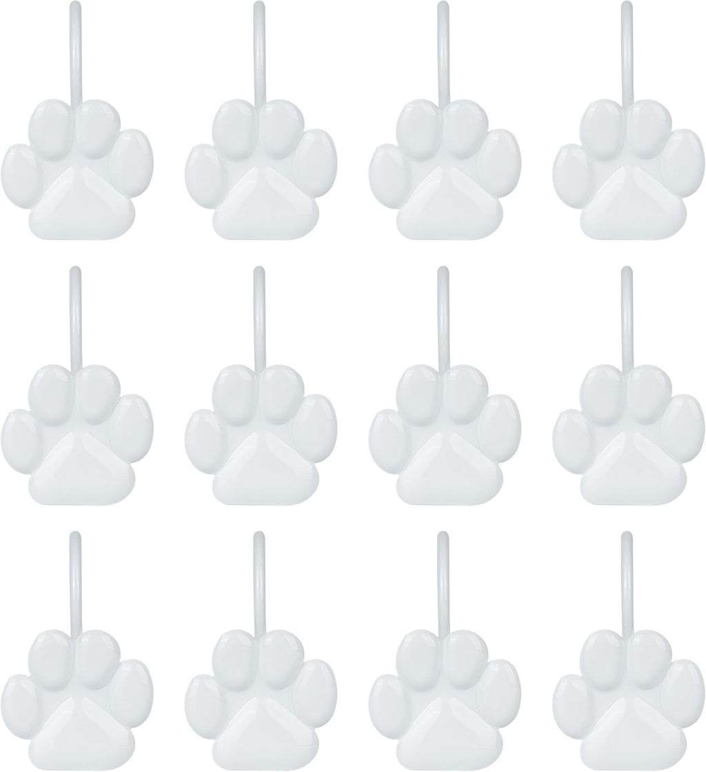 Sunlit Fashion Design Cute Paw Print Polished Shower Curtain Hooks for Dog Cat and Bear, Rust Proof Oil Rubbed Metal Shower Curtain Rings, White, 12 Pack
