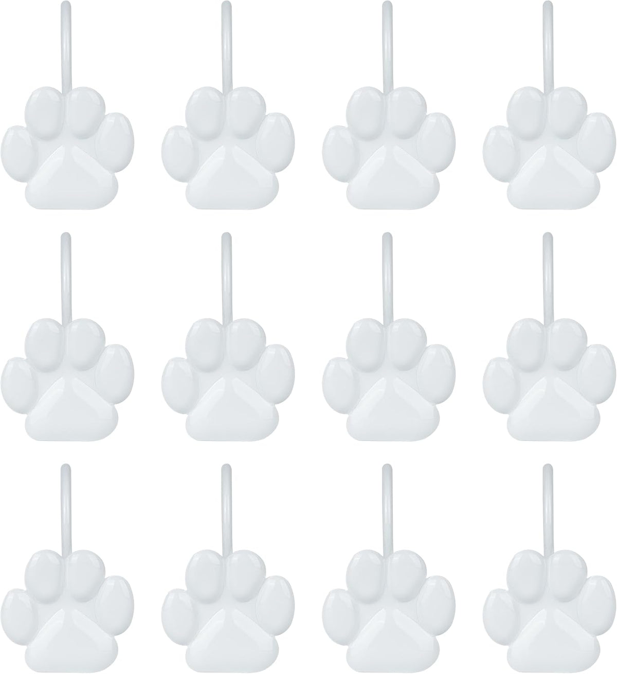 Sunlit Fashion Design Cute Paw Print Polished Shower Curtain Hooks for Dog Cat and Bear, Rust Proof Oil Rubbed Metal Shower Curtain Rings, White, 12 Pack