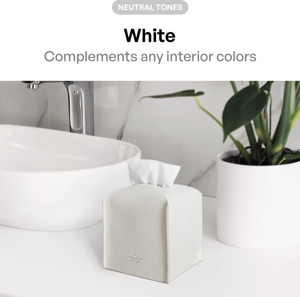 Carrotez Tissue Box Cover, Refined Modern PU Leather Square Holder - Decorative Holder/Organizer for Bathroom Vanity Countertop, Night Stands, Office Desk & Car 5"X5"X5" White (Pack of 3)