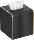 Tissue Box Cover Square with Magnetic Closure, PU Leather Tissue Box Holder with Gold-Tone Edging for Bathroom Vanity Countertop Night Stands Bedroom Office Desk, Modern Home Decor (Blacks)
