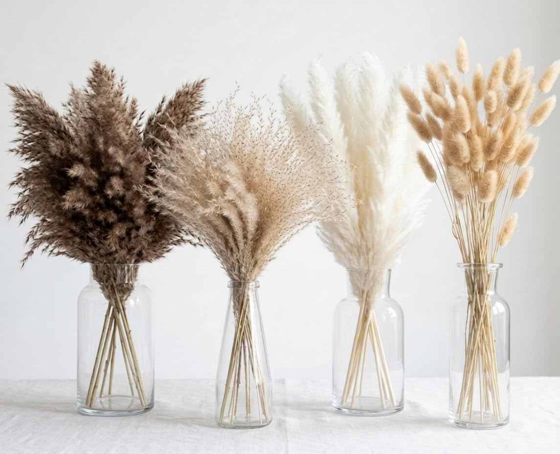 100 Stems Dried Pampas Grass, Boho Table Decor Natural Reed Phragmites Grass, Fluffy Large Pampas Grass, Bunny Tails Flowers Bouquet for Wedding Floral Arrangements Farmhouse Home, Wall Rustic Party