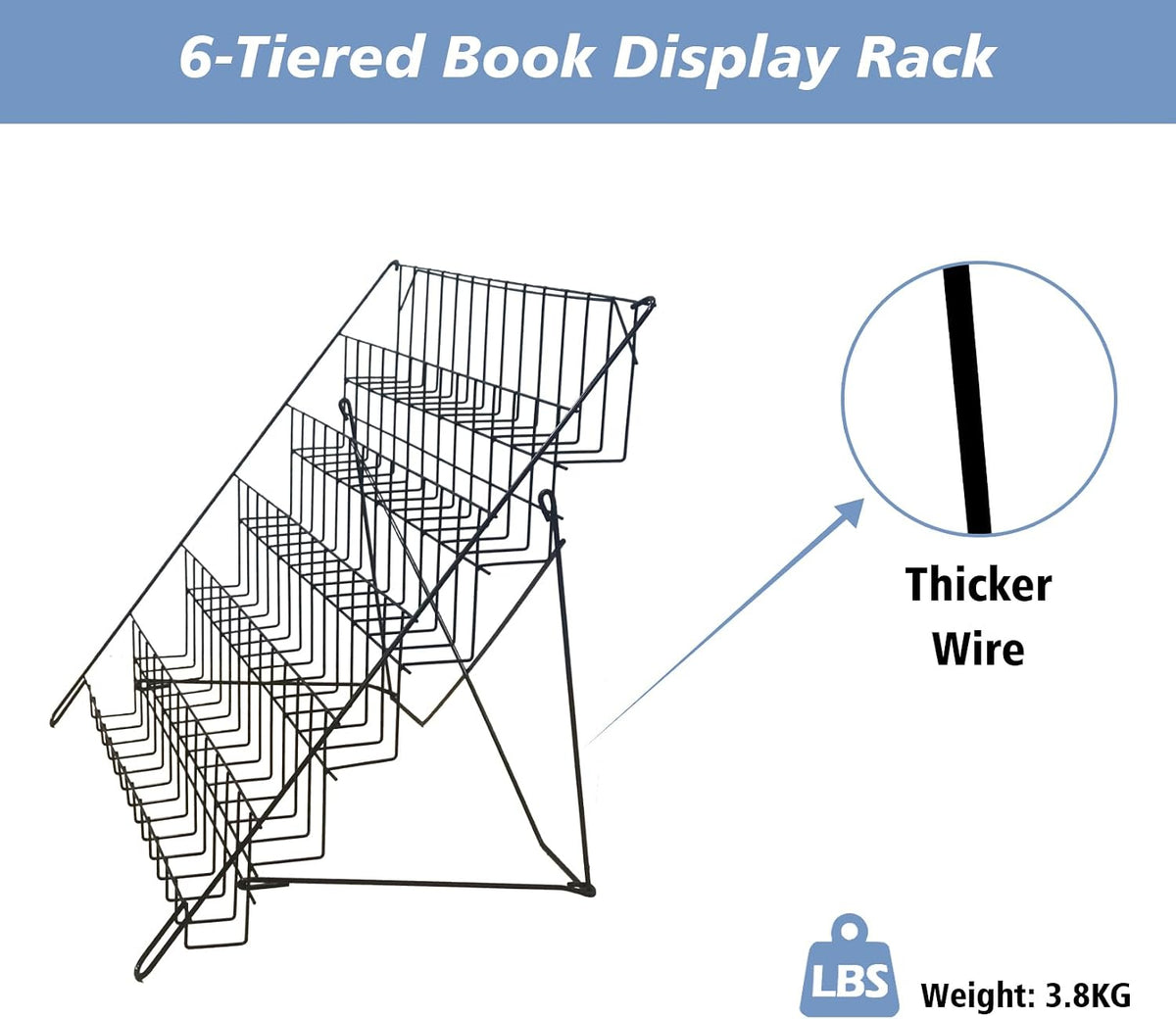 6 Tier Wire Magazine Rack - Comic Book Rack Wide Wire Tabletop Display Rack for Exhibitions Office Table Top Book Brochure Literature Comic Greeting Card Shelf Holder Stand