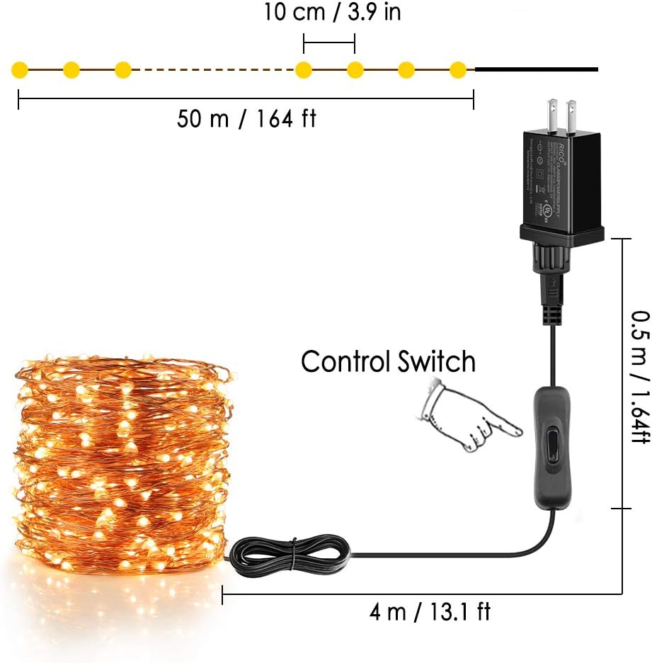 Moobibear Ultra Long LED String Lights 164ft 500 LEDs Copper Wire Lights, UL Listed Plug in Warm White Fairy Lights with ON/Off Switch for Bedroom Patio Wedding Party Valentines Day Decor