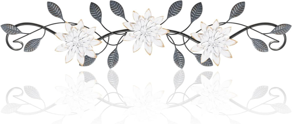 KHJCXS Metal Wall Art Modern Minimalist Metal Flowers Indoor Decor Horizontal Wall Art Iron Artwork,for Over Door,Bedroom,Living Room,Kitchen,Office Scroll Decor (White3)