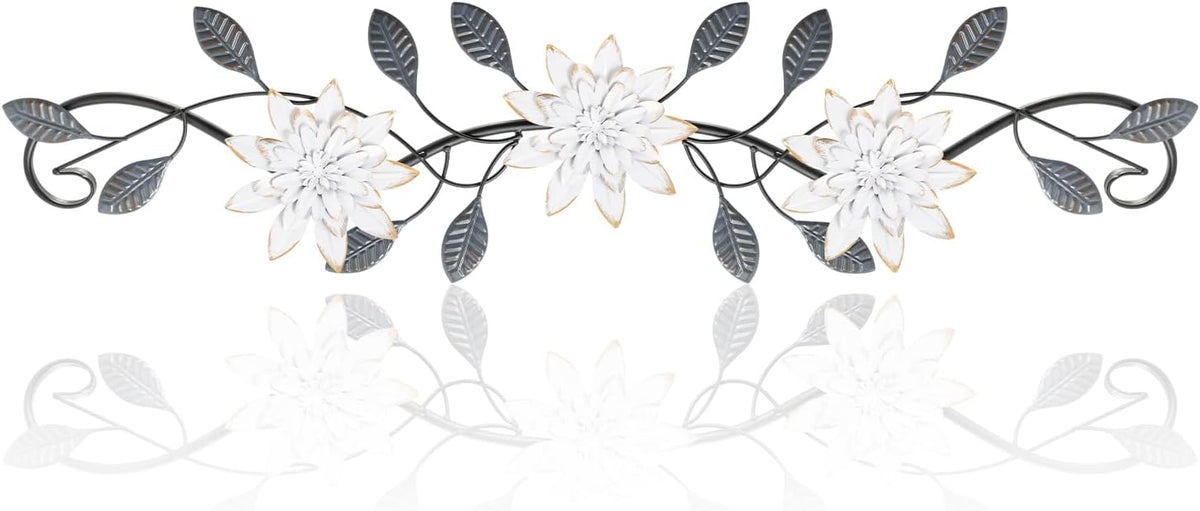 KHJCXS Metal Wall Art Modern Minimalist Metal Flowers Indoor Decor Horizontal Wall Art Iron Artwork,for Over Door,Bedroom,Living Room,Kitchen,Office Scroll Decor (White3)
