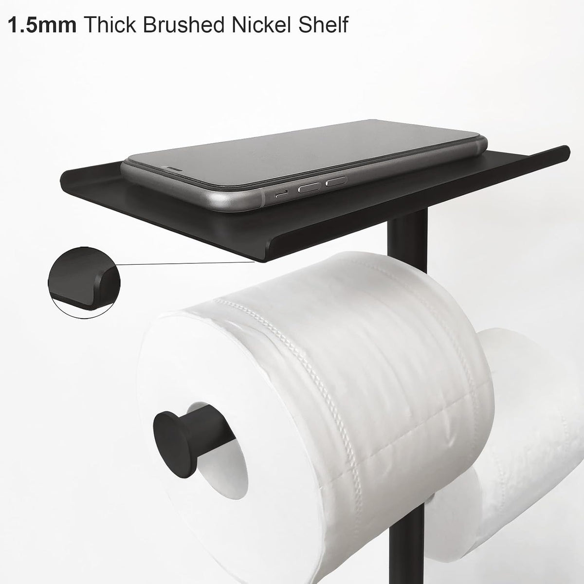 GZILA Toilet Paper Holder Stand with Shelf, Marble Base Free Standing Toilet Paper Double Roll Holder Dispenser, SUS 304 Stainless Steel Storages 5 Reserve Rolls Matte Black