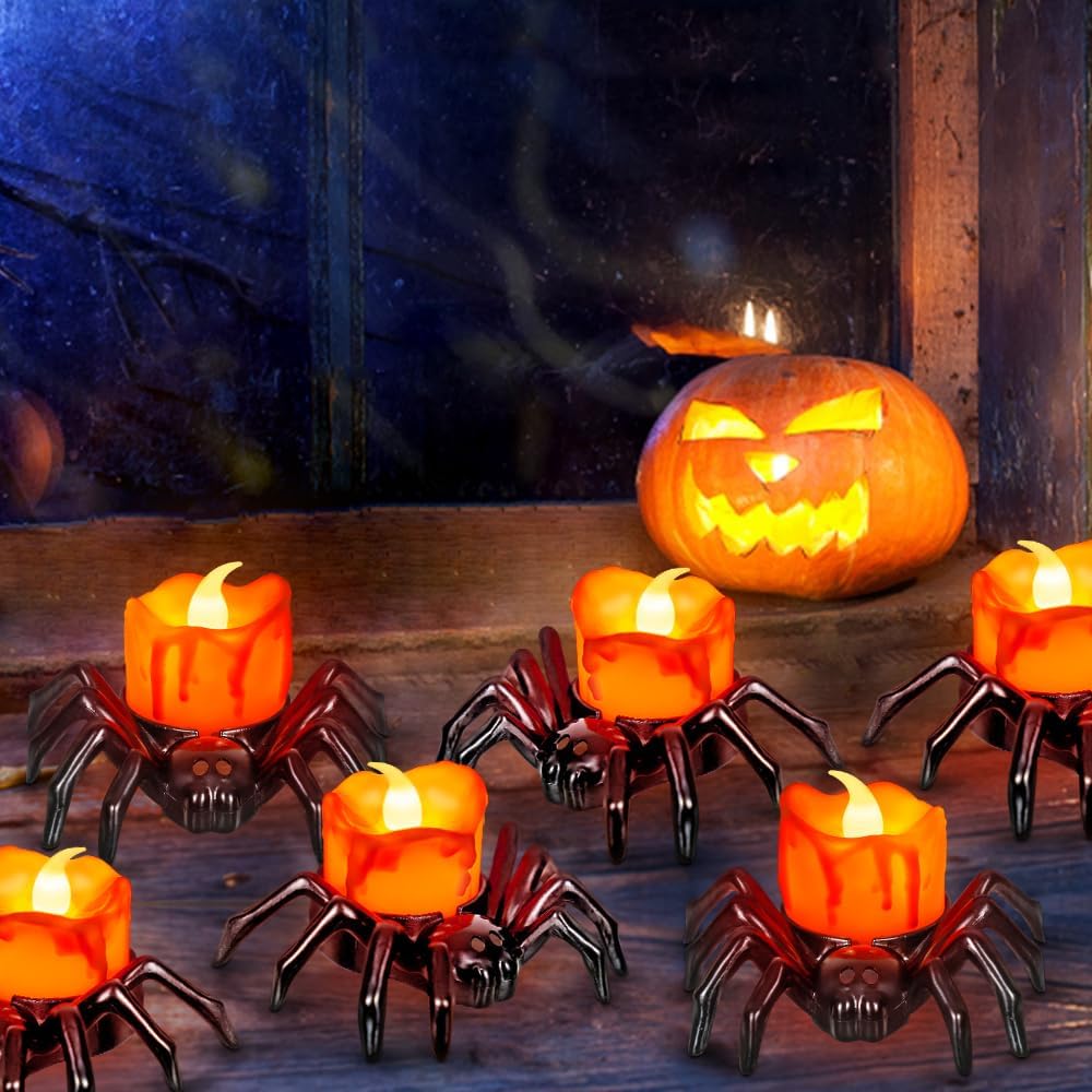 12 PCS Halloween Tea Lights Candles, Battery Operated Halloween's Flameless LED Candles, Spider Tealights Spooky Electric Flickering Fake Candle for Halloween Party Decorations