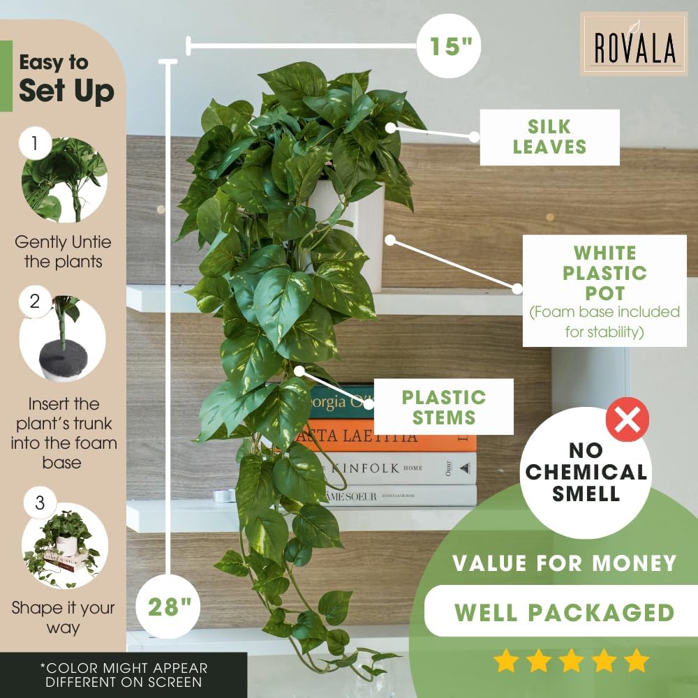 MY ROVALA Silk Plants for Home Decor Indoor in Pot Realistic Artificial Plants Hanging Faux Plants Indoor Fake Potted Plants for Shelves Bedroom Bathroom Trailing Plant, Fake Pothos Ivy (Dark Green)