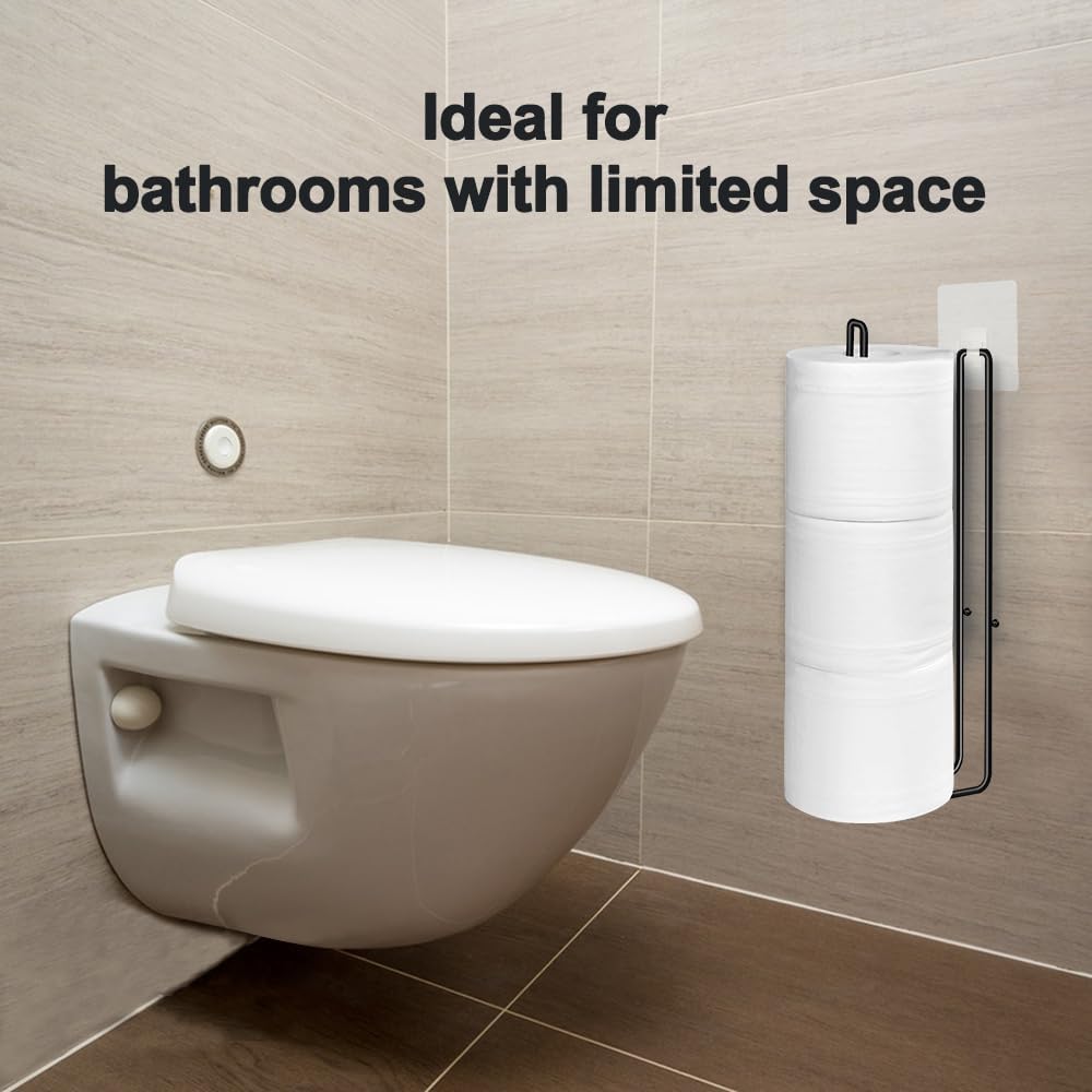 Matte Black Extra Toilet Paper Storage for 3 Roll Tissue Over The Tank Toilet Paper Roll Holder Stainless Steel Adhesive Hanging Toilets Tissue Holder Wall Mounted for Bathroom RV Camper(2 Pack)