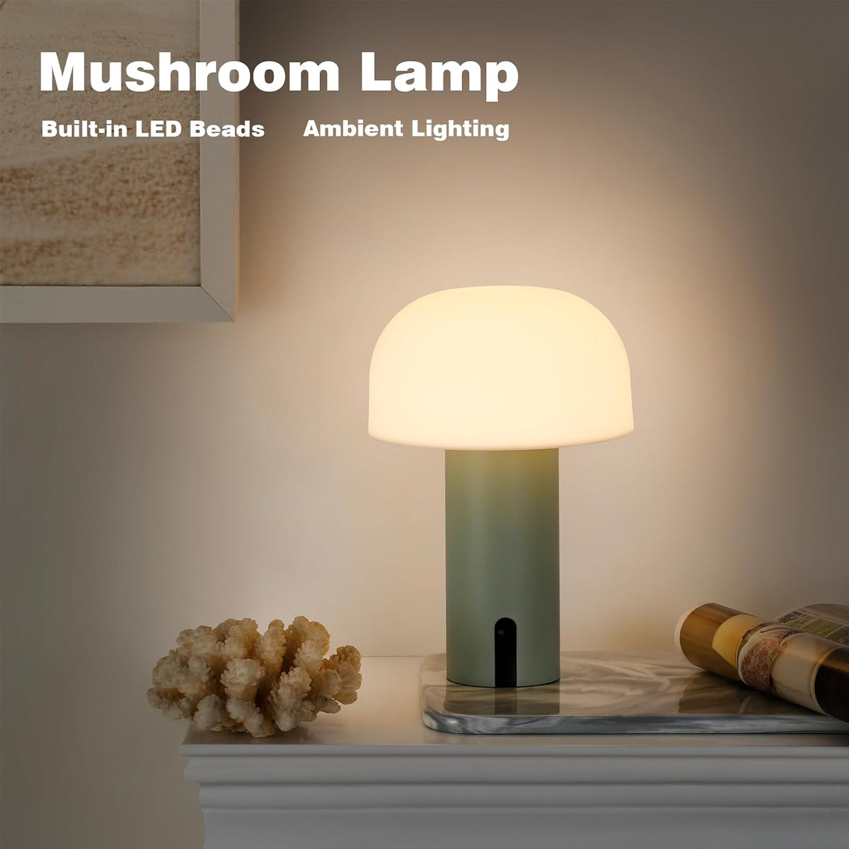 Mushroom Table Lamp, Cordless Rechargeable Touch Light, Waterproof