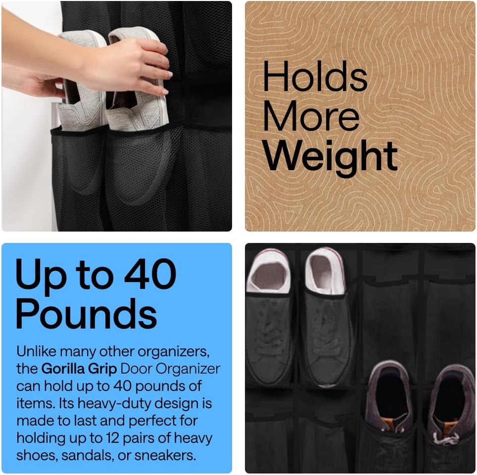 GORILLA GRIP Over the Door Shoe Organizer, 12 Large Pockets, Black
