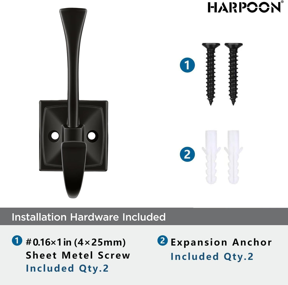 HARPOON 5 Pack 4.3" Double Prong Wall Hooks Matte Black Coat Towel Hooks
