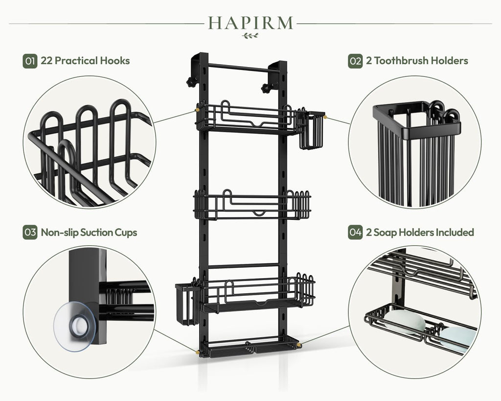 HapiRm Over the Door Shower Caddy - 4-Tier Hanging Shower Organizer with 22 Hooks and 2 Toothbrush Holders, No Drilling Adjustable Hanging Shelves for Bathroom - Black