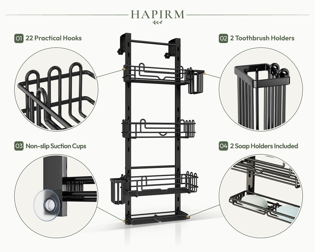 HapiRm Over the Door Shower Caddy - 4-Tier Hanging Shower Organizer with 22 Hooks and 2 Toothbrush Holders, No Drilling Adjustable Hanging Shelves for Bathroom - Black