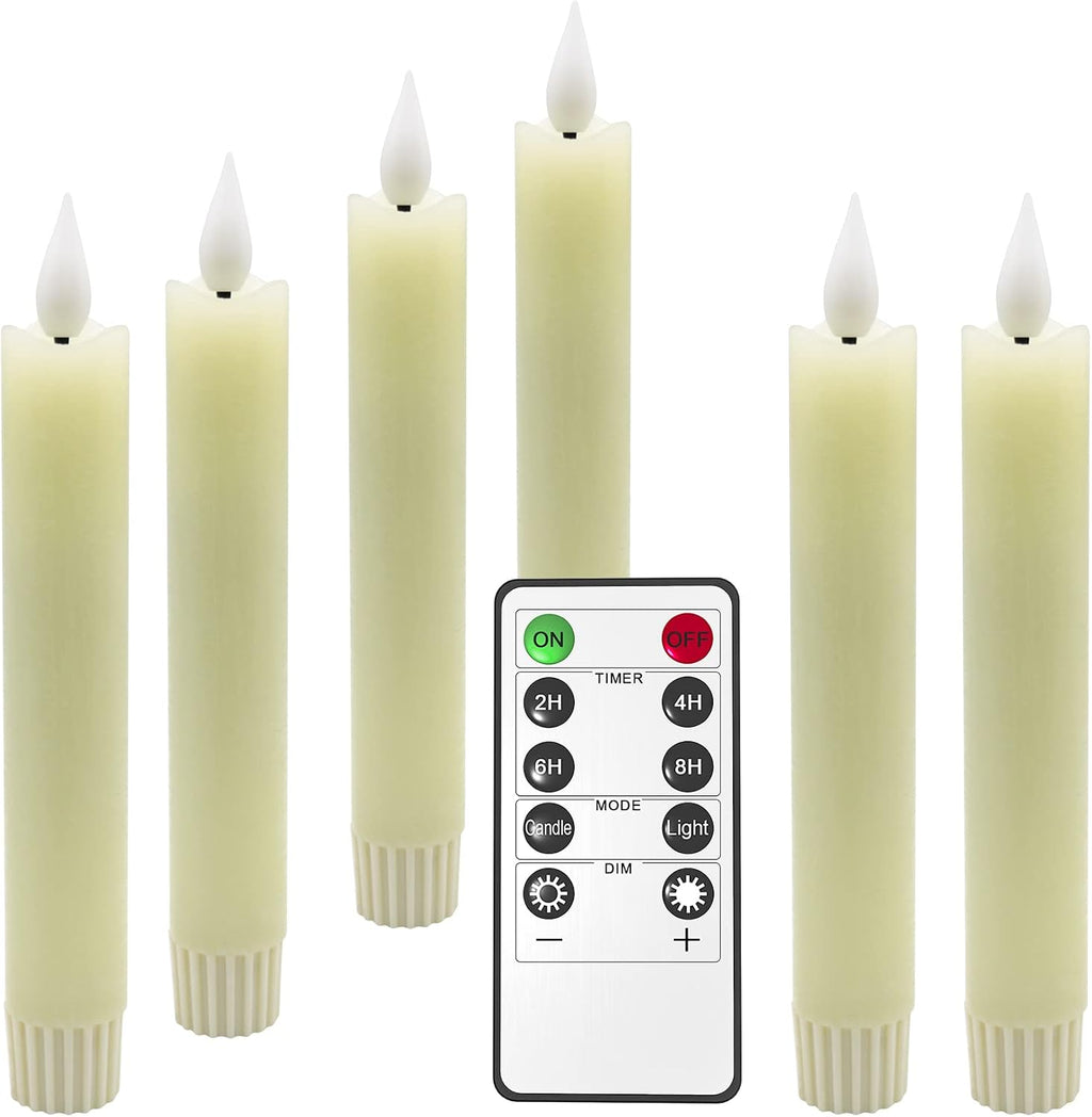 Flameless LED Taper Candles, 6pcs Battery Operated 6.5" Ivory Flickering Candlesticks with Remote Timer, Real Wax Warm White Candle Light for Room Home Halloween Christmas Decor