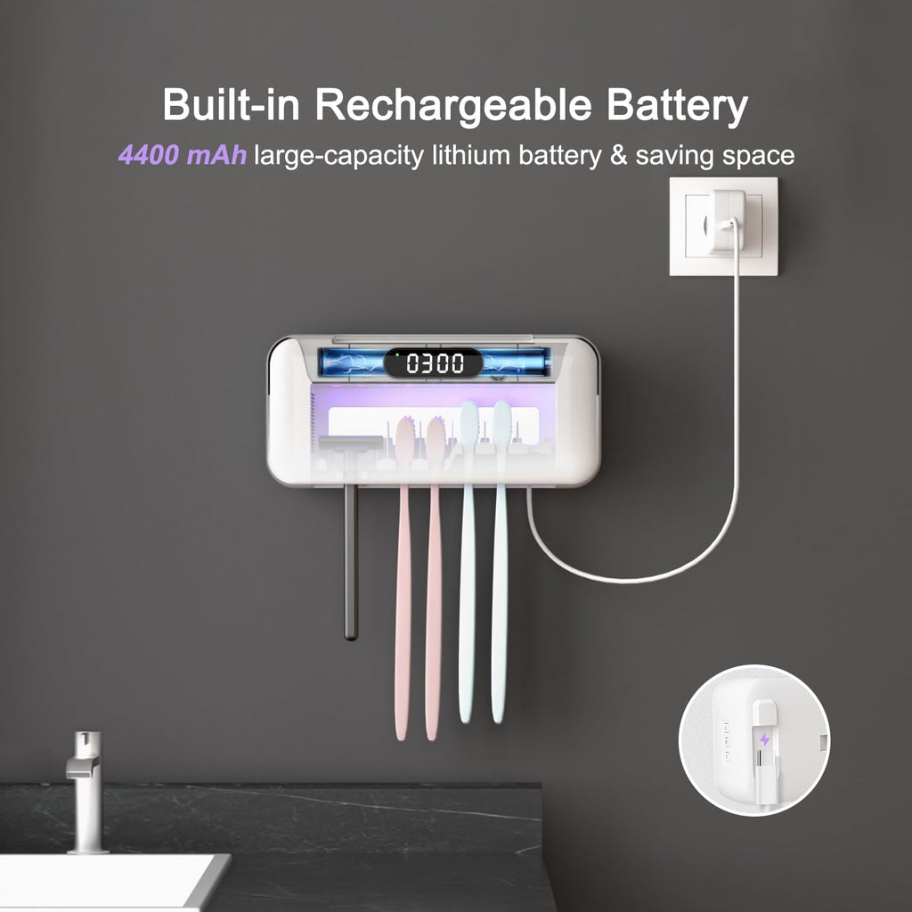 UV Toothbrush Sanitizer and Holder for Bathroom, 5 Toothbrush Slots for Family with Fan and PTC Heat Drying, Type-C Charging, No-Drill Wall Mount