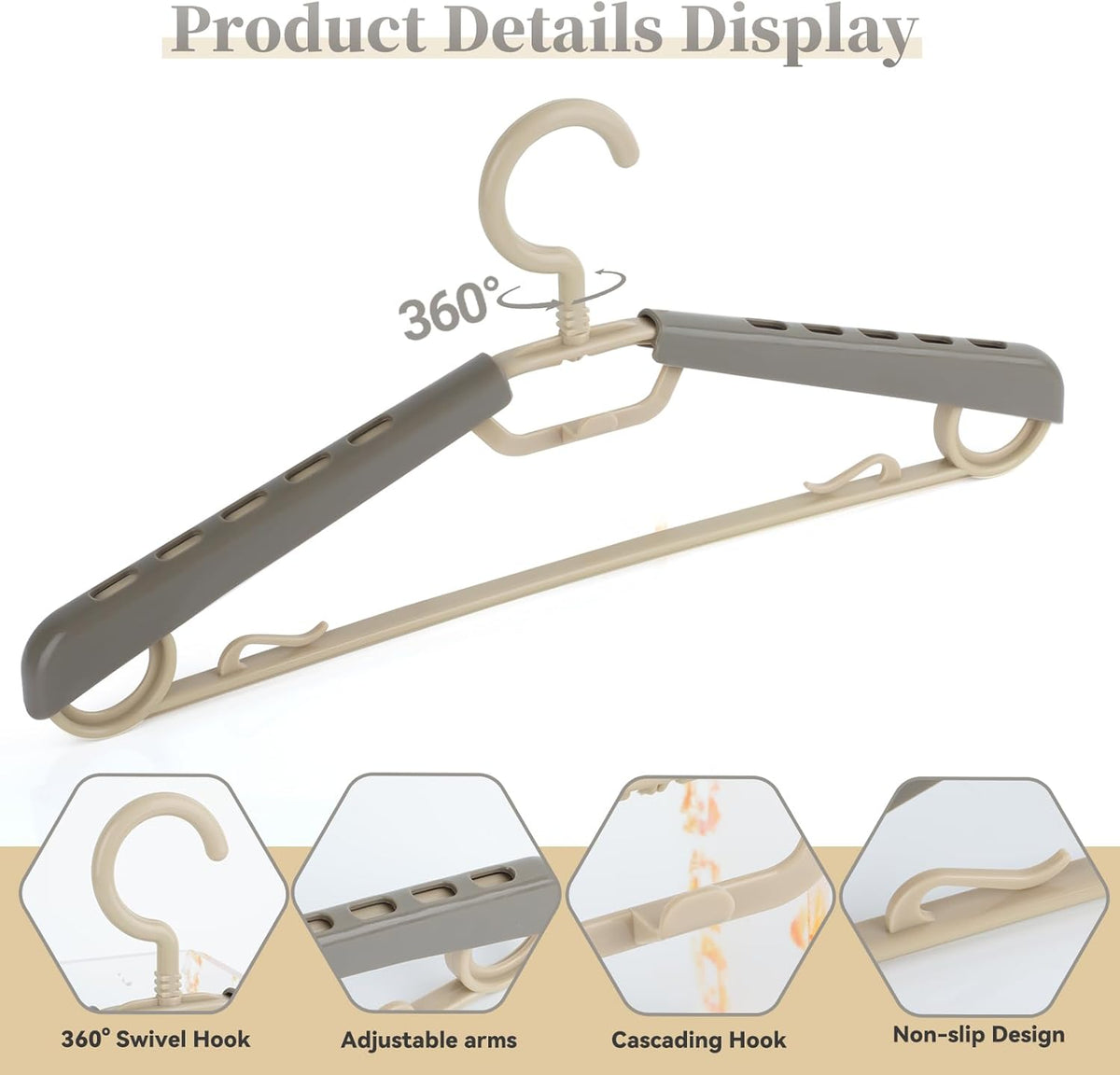 12-Pack Heavy Duty Plastic Extra-Wide Arm 15"-23" Suits Clothes Hangers with Swivel Hooks,Perfect for Coat,Jacket,Dress,Shirt,Trousers or Closet Space Saving,Grey&Tan