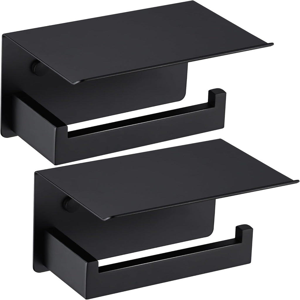 LANC 2 Pack Toilet Paper Holder with Shelf, Toilet Tissue Roll Holder with Phone Shelf for Bathroom Wall Mounted, Toilet Paper Roll Holder Stainless Steel, Matte Black Right Hand A8367MB-P2