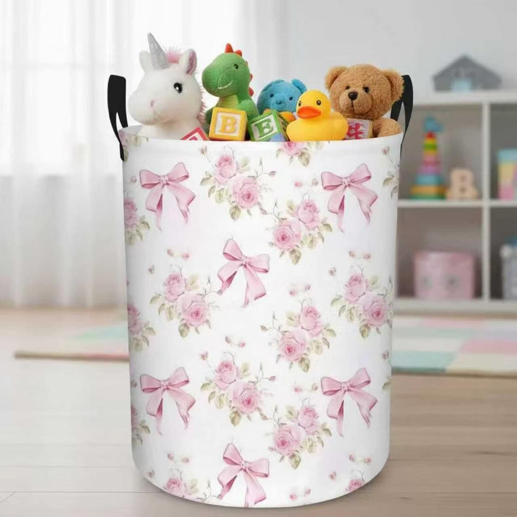 Baby Girl Laundry Basket Kids Nursery Gift Hamper Bow Room Deco (Pink Flower Bowknot)
